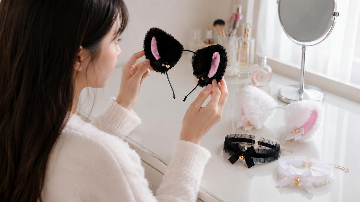 fluffy cat ear headband with lace choker inline scene 2