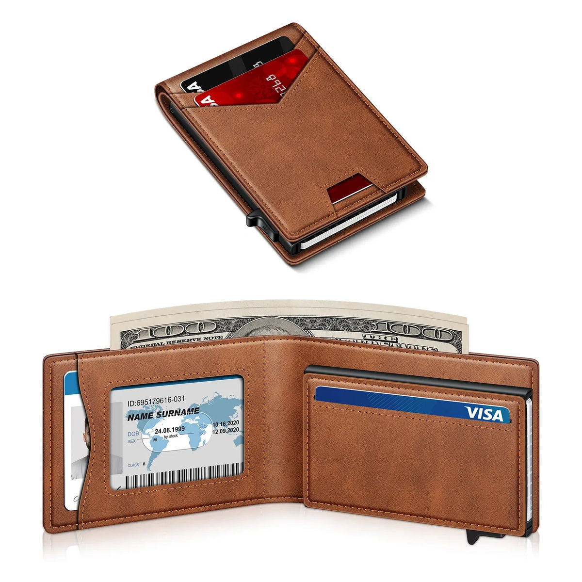 Men's RFID Minimalist Bifold Wallet - 1 ID Window, Pop-Up Card Holder, Money Clip, Gift Box Included - for Summer Vibes, Outdoor Fun,summerwins tiktokshopbacktoschool - Color Brown (variant image)