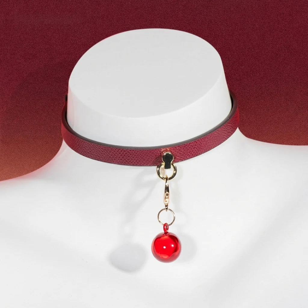 Burgundy Bell Choker Collar and Gold Chain Leash Set