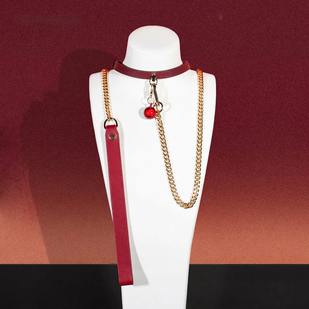 Burgundy Bell Choker Collar and Gold Chain Leash Set