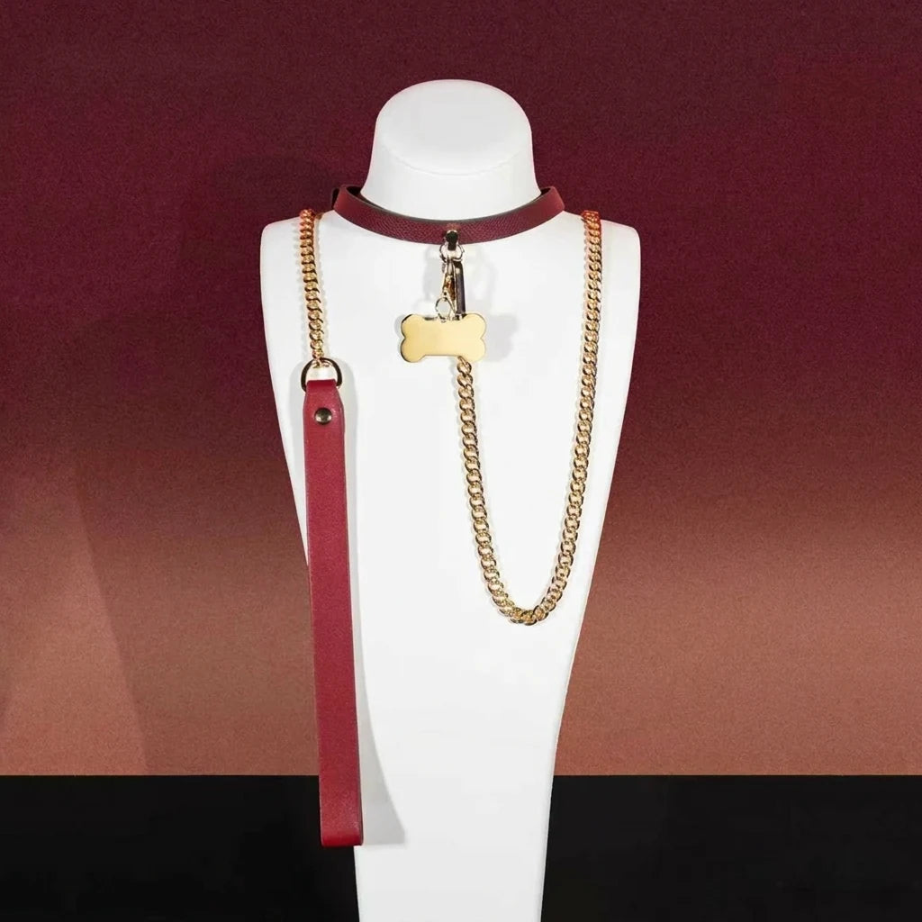 Burgundy Bell Choker Collar and Gold Chain Leash Set