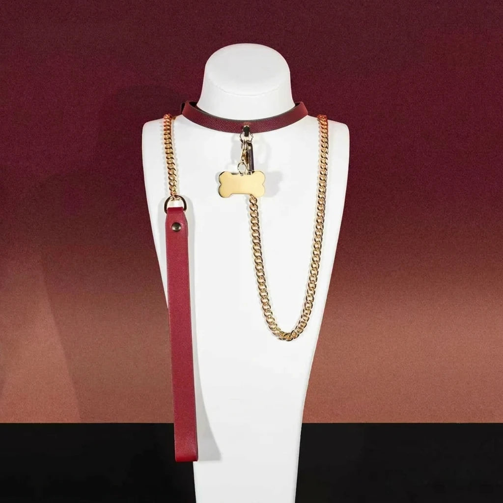 Burgundy Bell Choker Collar and Gold Chain Leash Set - Variant Image 2