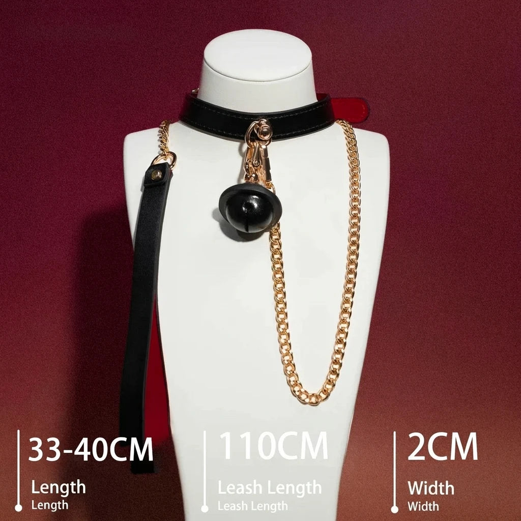 Black Leather Bell Choker Collar with Gold Chain Leash