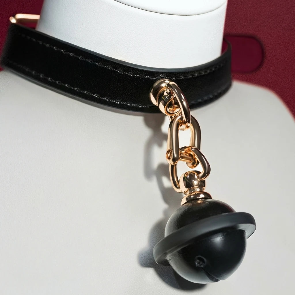 Black Leather Bell Choker Collar with Gold Chain Leash