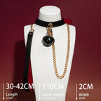 Black Leather Bell Choker Collar with Gold Chain Leash - Variant Image 1