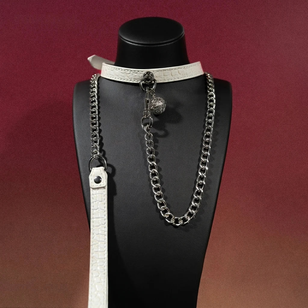 White Croc Leather Bell Choker Collar and Chain Leash Set