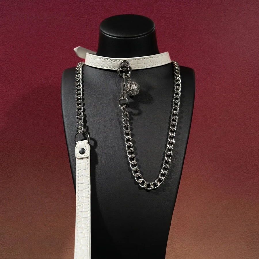 White Croc Leather Bell Choker Collar and Chain Leash Set