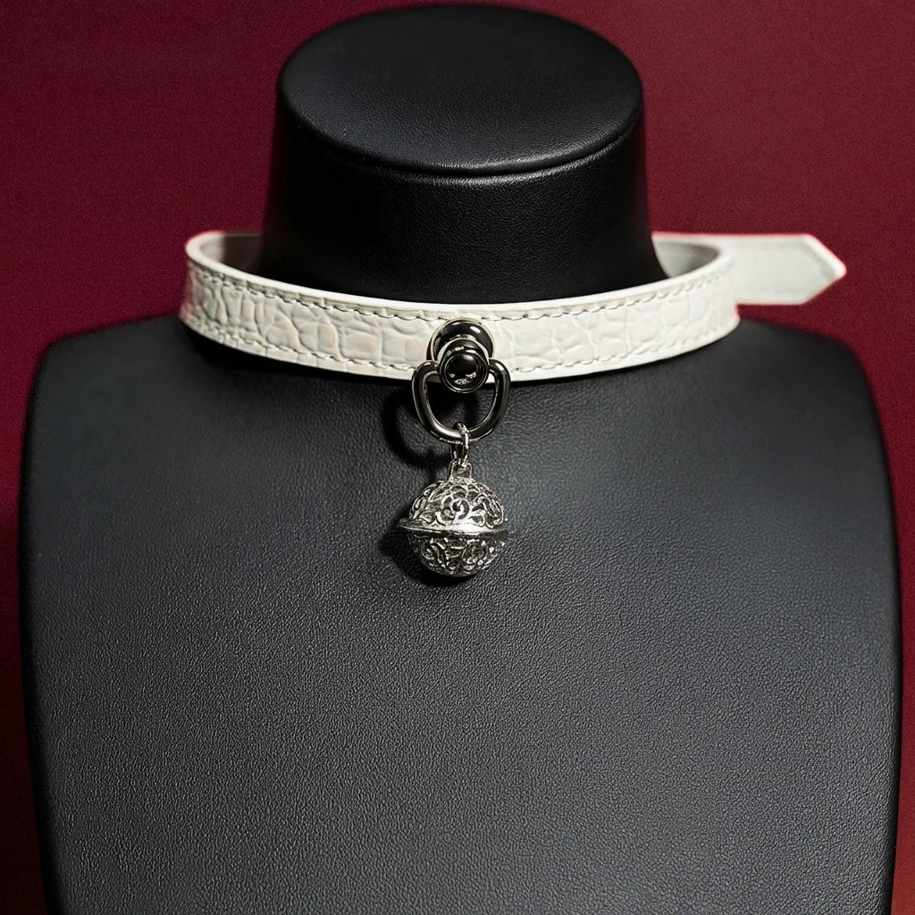 White Croc Leather Bell Choker Collar and Chain Leash Set
