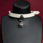 White Croc Leather Bell Choker Collar and Chain Leash Set