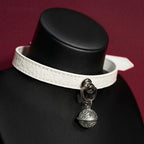 White Croc Leather Bell Choker Collar and Chain Leash Set