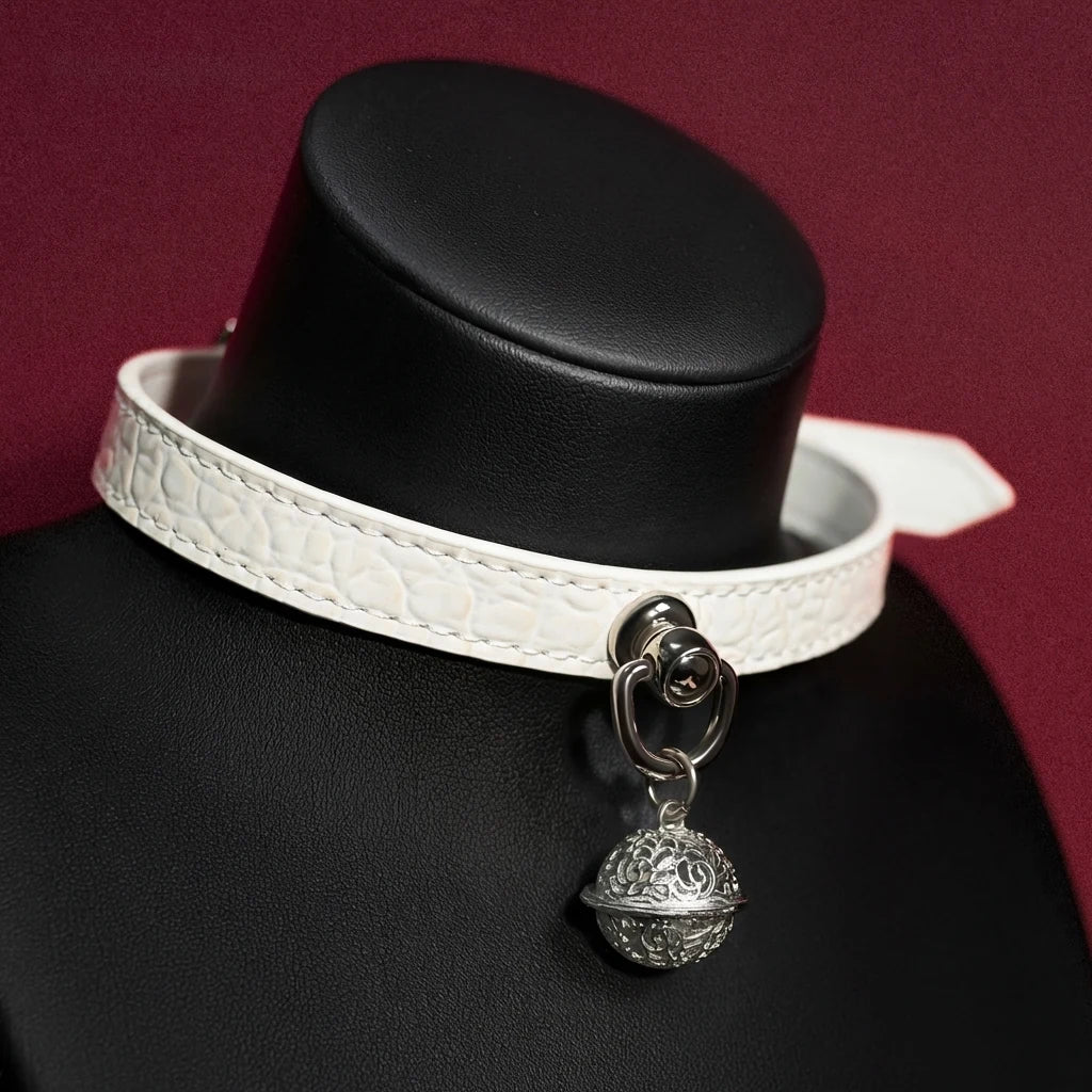 White Croc Leather Bell Choker Collar and Chain Leash Set