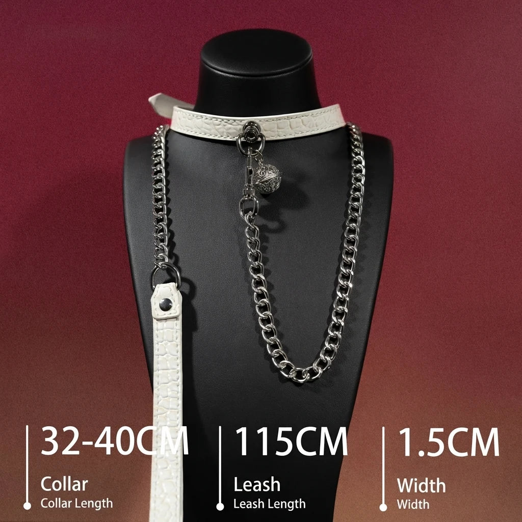 White Croc Leather Bell Choker Collar and Chain Leash Set - Variant Image 1