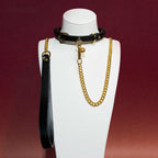 Black Leather Ring Choker Collar and Chain Leash Set
