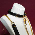 Black Leather Ring Choker Collar and Chain Leash Set