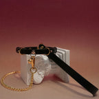 Black Leather Ring Choker Collar and Chain Leash Set