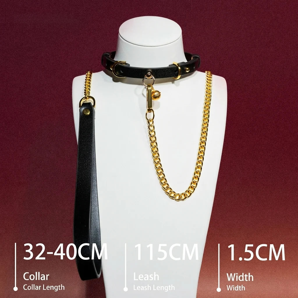 Black Leather Ring Choker Collar and Chain Leash Set - Variant Image 1
