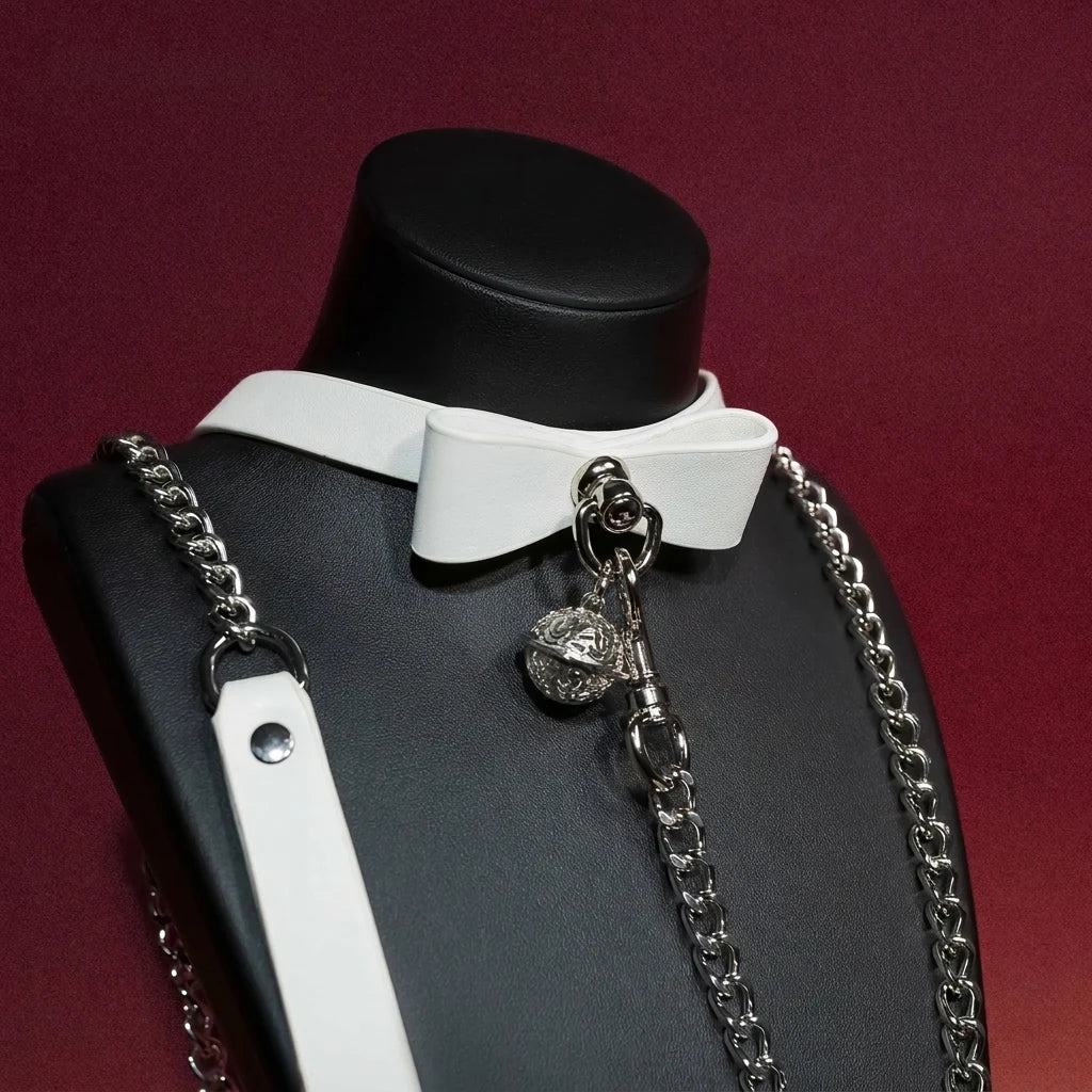 White Bow Bell Choker Collar and Chain Leash Set