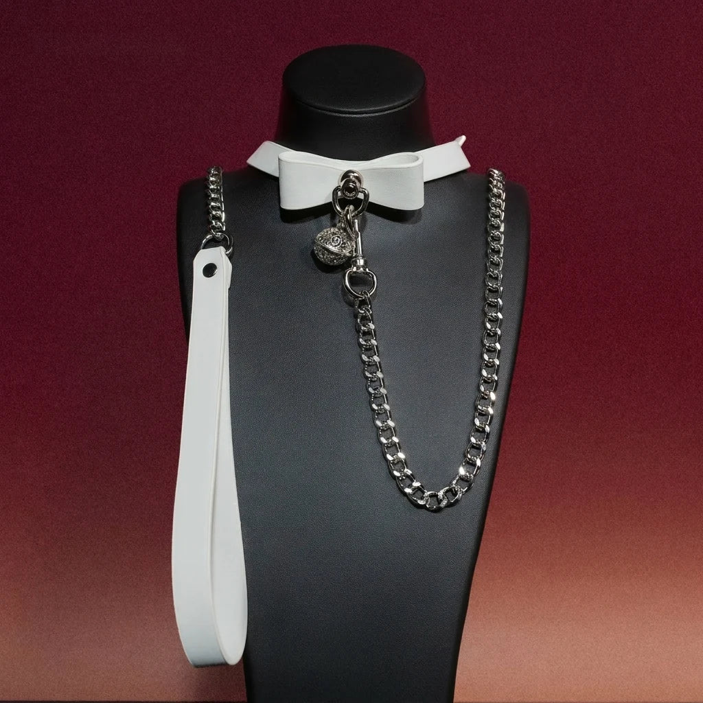 White Bow Bell Choker Collar and Chain Leash Set - Variant Image 1
