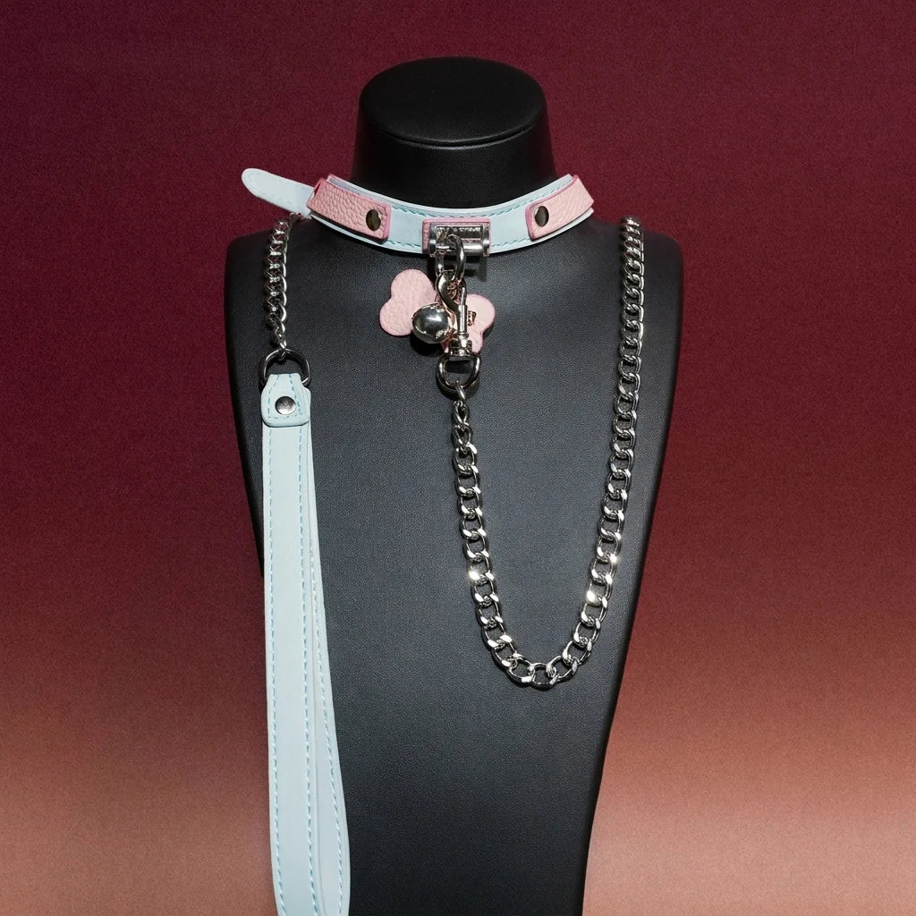 Pink and White Tag Charm Choker Collar and Chain Leash Set