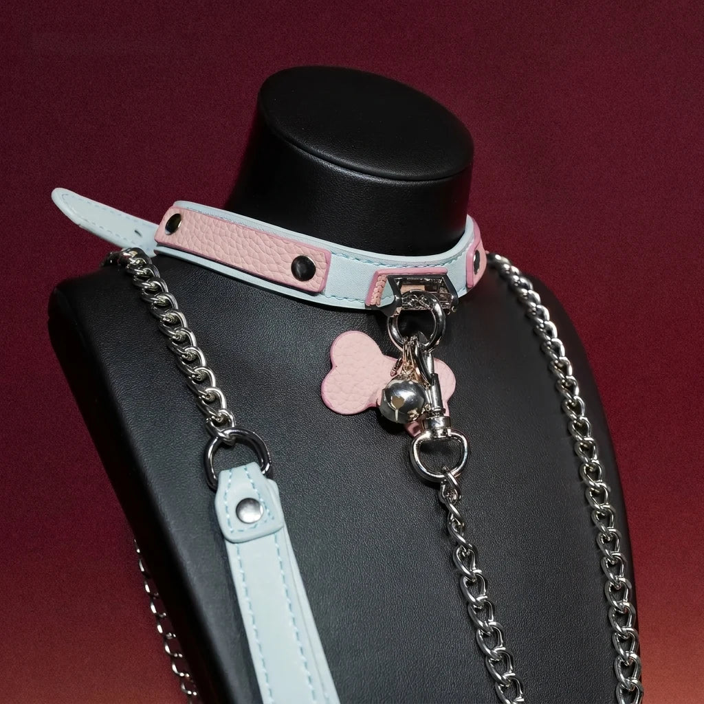 Pink and White Tag Charm Choker Collar and Chain Leash Set