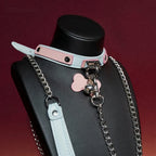 Pink and White Tag Charm Choker Collar and Chain Leash Set