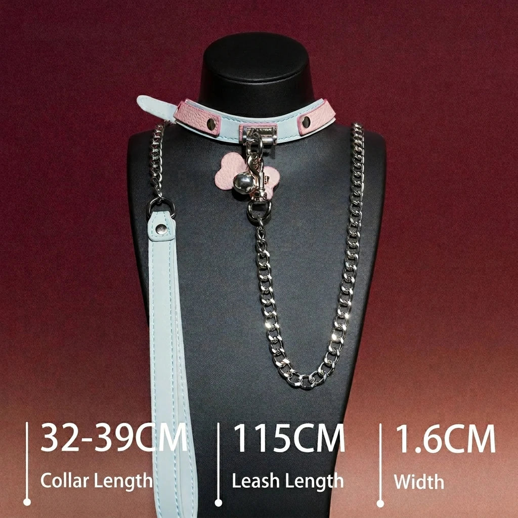 Pink and White Tag Charm Choker Collar and Chain Leash Set - Variant Image 1