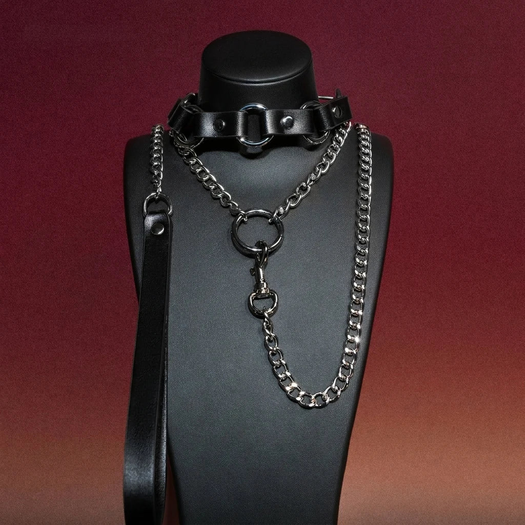 Black Bell Ring Choker Collar and Chain Leash Set