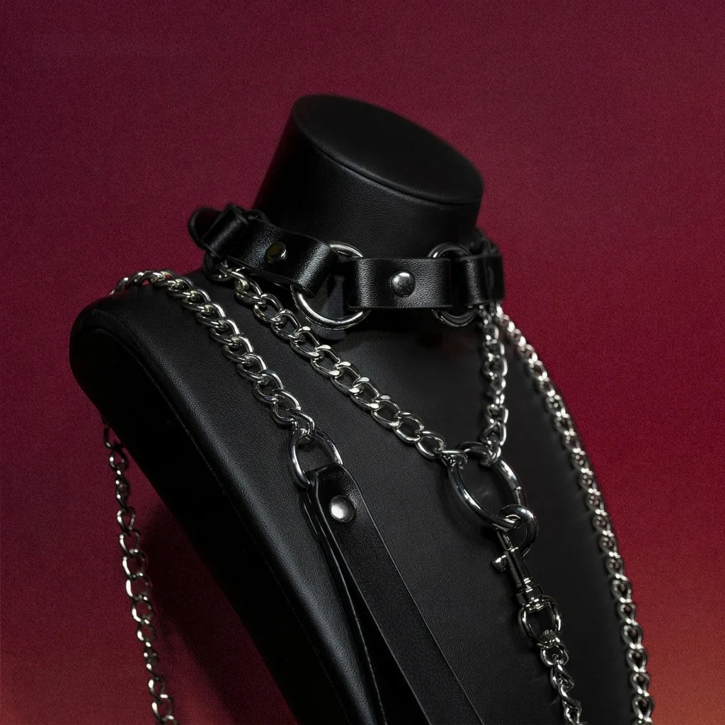 Black Bell Ring Choker Collar and Chain Leash Set