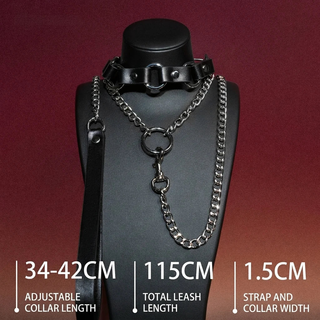Black Bell Ring Choker Collar and Chain Leash Set - Variant Image 1