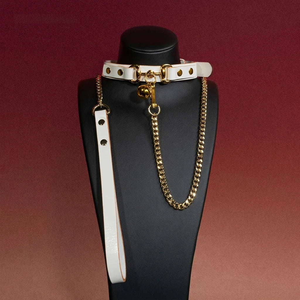White and Black Bow Bell Choker Collar and Leash Set