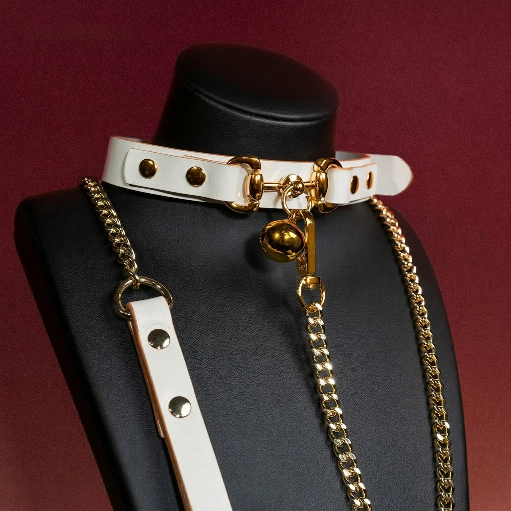 White and Black Bow Bell Choker Collar and Leash Set