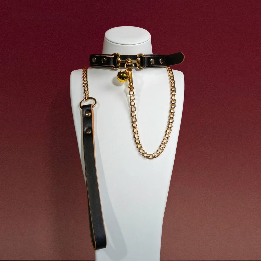 White and Black Bow Bell Choker Collar and Leash Set