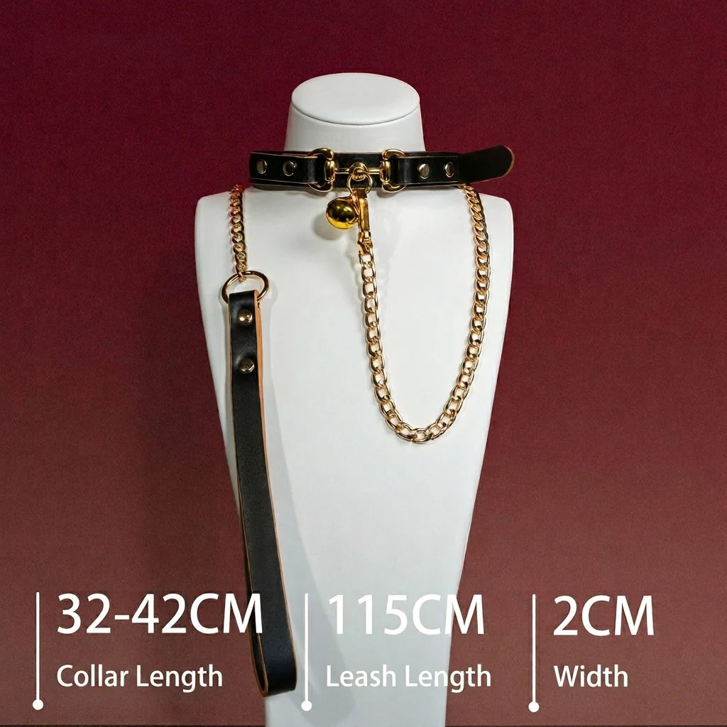 White and Black Bow Bell Choker Collar and Leash Set - Variant Image 1