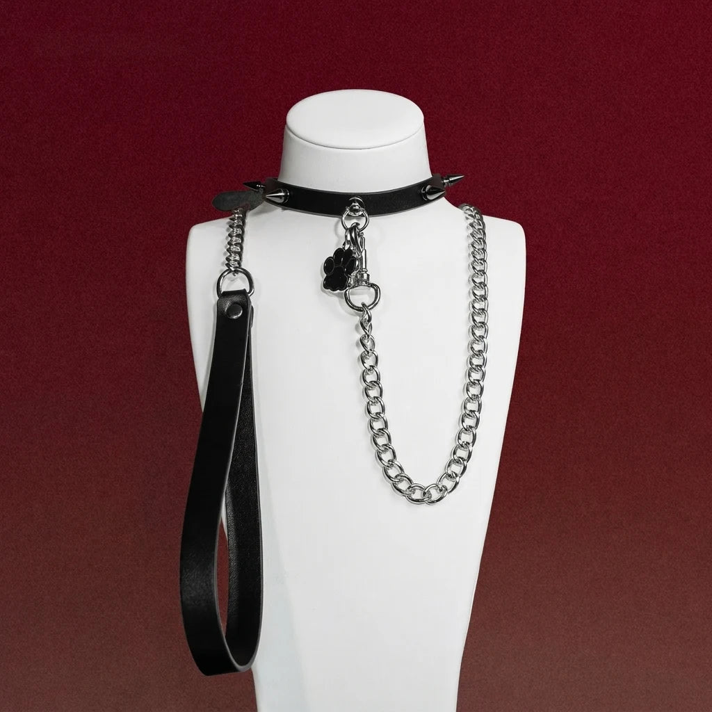 Pink Flower Charm Studded Choker Collar and Chain Leash Set