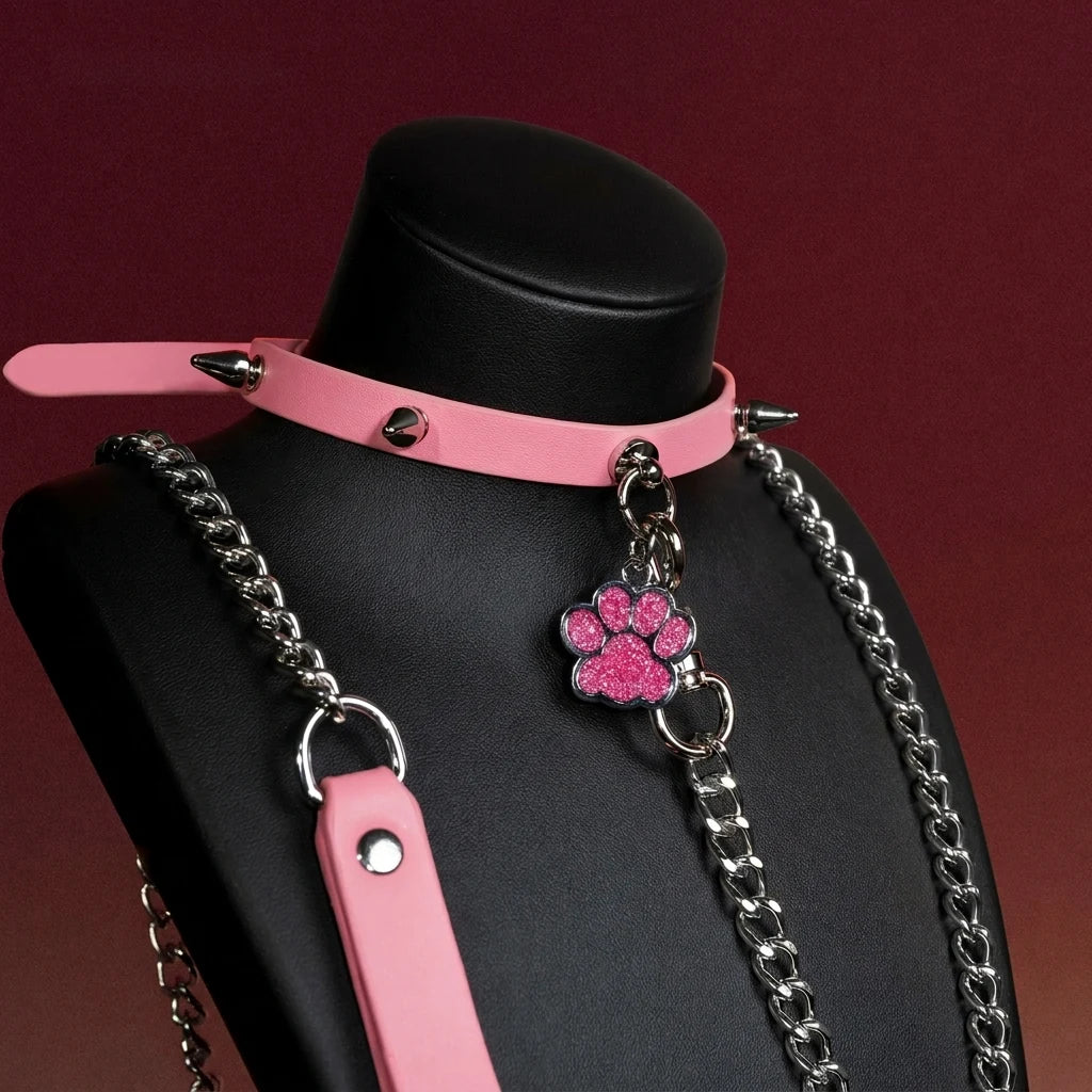 Pink Flower Charm Studded Choker Collar and Chain Leash Set