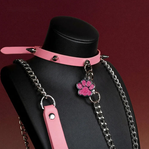Pink Flower Charm Studded Choker Collar and Chain Leash Set