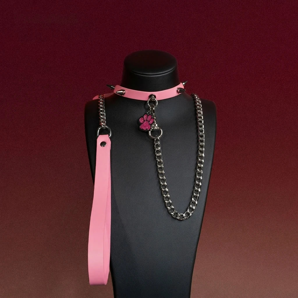 Pink Flower Charm Studded Choker Collar and Chain Leash Set - Variant Image 2