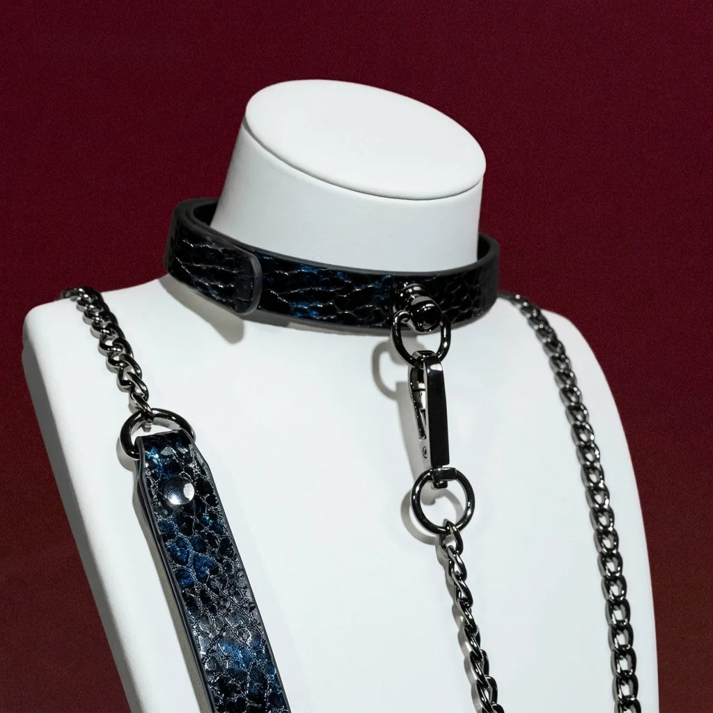 Black Snakeskin Ring Choker Collar and Chain Leash Set