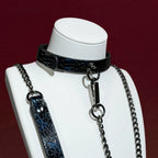 Black Snakeskin Ring Choker Collar and Chain Leash Set
