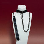 Black Snakeskin Ring Choker Collar and Chain Leash Set