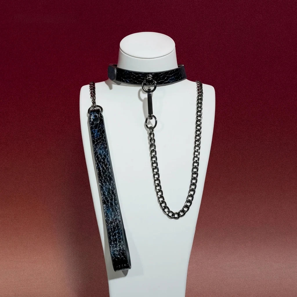 Black Snakeskin Ring Choker Collar and Chain Leash Set