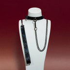 Black Snakeskin Ring Choker Collar and Chain Leash Set - Variant Image 1