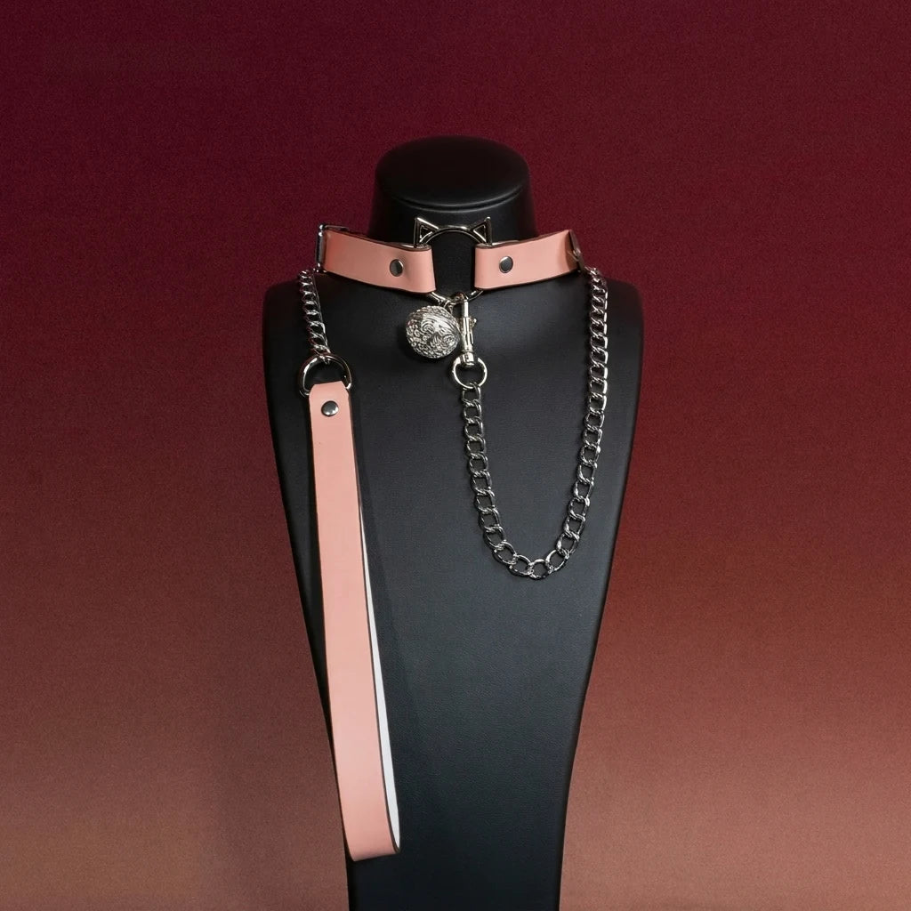 Pink Cat Bell Choker Collar and Chain Leash Set