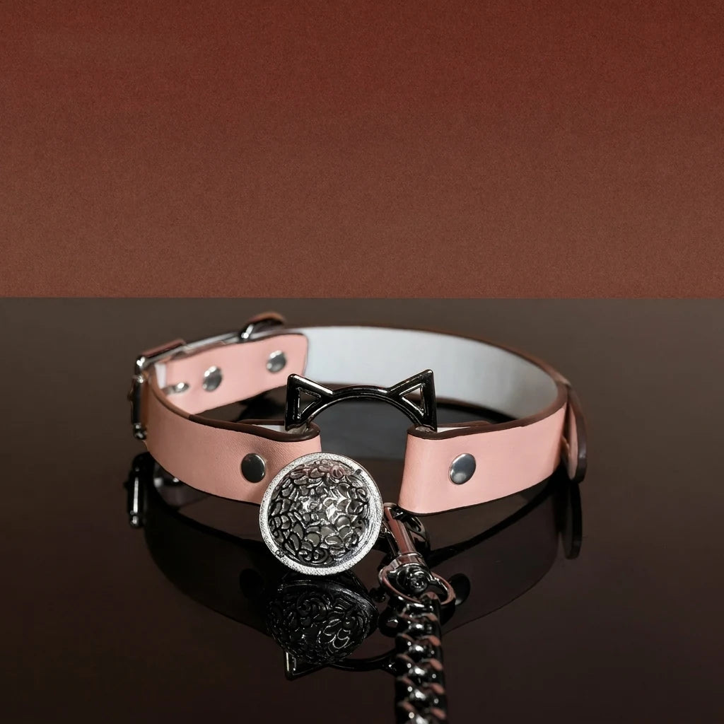 Pink Cat Bell Choker Collar and Chain Leash Set