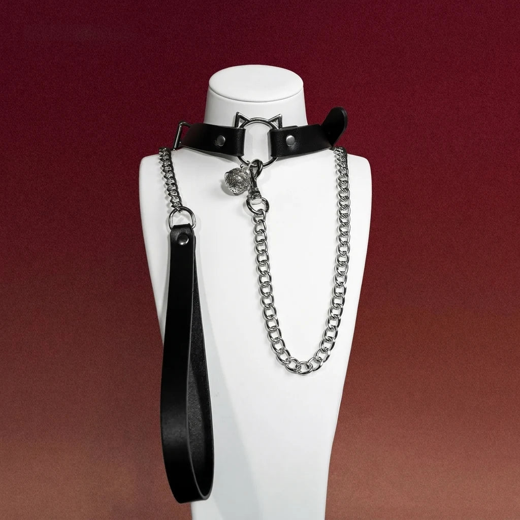 Pink Cat Bell Choker Collar and Chain Leash Set - Variant Image 1