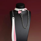 Pink and White Heart Tag Choker Collar and Chain Leash Set