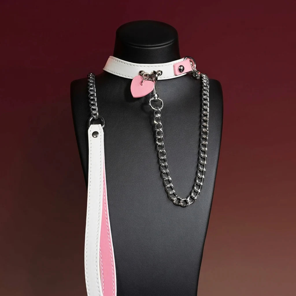 Pink and White Heart Tag Choker Collar and Chain Leash Set