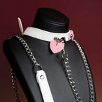 Pink and White Heart Tag Choker Collar and Chain Leash Set