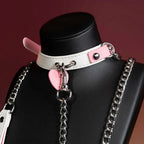 Pink and White Heart Tag Choker Collar and Chain Leash Set