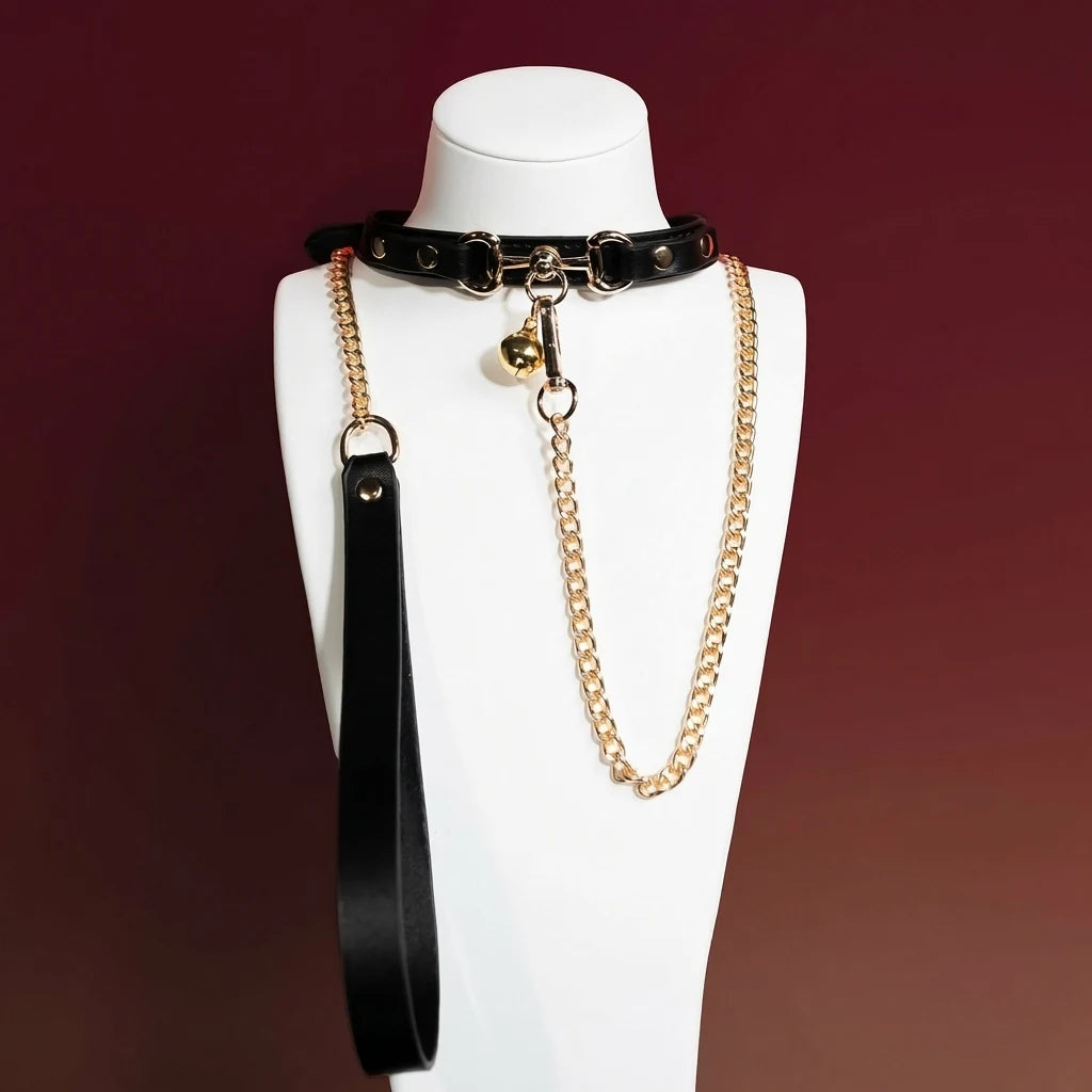 Black Leather Bell Choker Collar and Leash Set